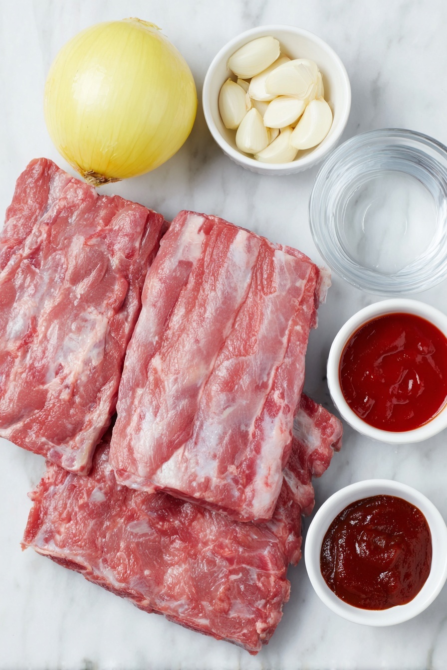 Flat lay of two racks of fresh baby back ribs with pink meat and visible bones, one whole yellow onion with smooth skin, four peeled garlic cloves, a small white ceramic bowl filled with clear water, a small white ceramic bowl of bright red ketchup, a small white ceramic bowl of glossy deep red chili sauce, a small white ceramic bowl of thick dark reddish-brown barbecue sauce, placed on a clean white marble surface, soft natural light, photo taken with an iPhone, professional food photography style, fresh ingredients, white ceramic bowls, no bottles, no duplicates, no utensils, no packaging --ar 2:3 --v 7 --p m7354615311229779997