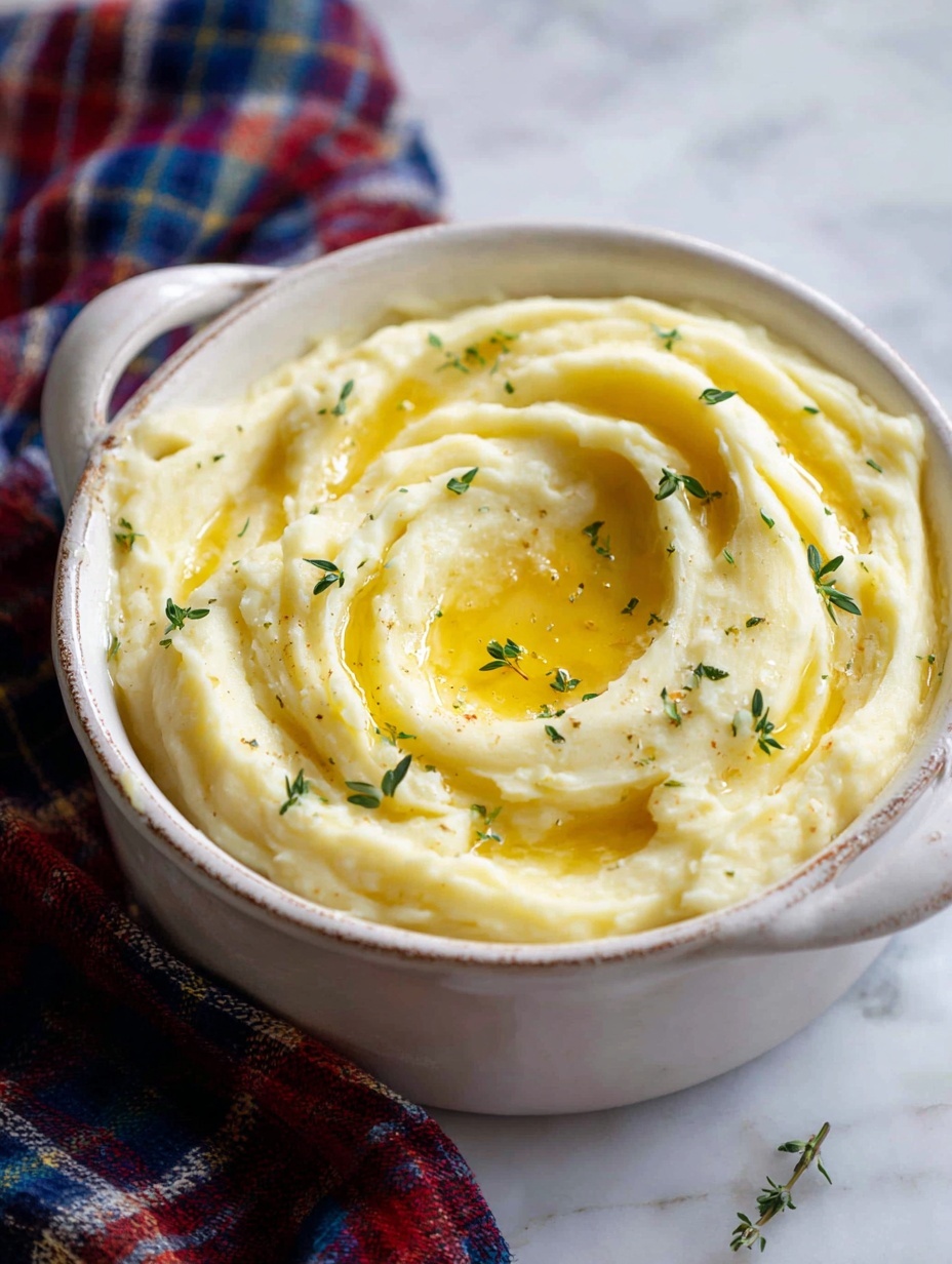 The image shows a bowl of creamy mashed potatoes with a smooth and thick texture, swirled on the top to form gentle peaks. In the center of the mash, there is a pool of melted golden butter that slightly glistens, surrounded by small green herb leaves scattered over the surface, adding a fresh touch. The bowl is white with a rustic design, set on a white marbled surface, and next to it is a blurred plaid cloth with red, blue, and white colors. The photo taken with an iphone --ar 2:3 --v 7