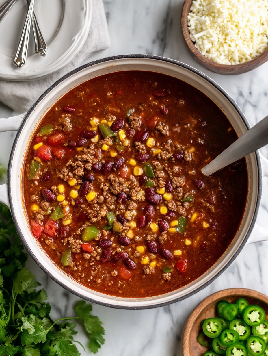 A large white pot filled with thick chili soup showing a rich red-brown broth with layers of ground meat, dark red beans, yellow corn, diced red tomatoes, and green bell pepper pieces mixed throughout. The pot sits on a white marbled surface, with a metal ladle partially dipped into the chili on the right side. Surrounding the pot are fresh cilantro leaves in the background, a wooden bowl filled with white cheese crumbles at the top right, and a wooden plate holding sliced green jalapeños at the bottom left. A white plate with silver utensils rests in the upper left corner. Photo taken with an iphone --ar 2:3 --v 7