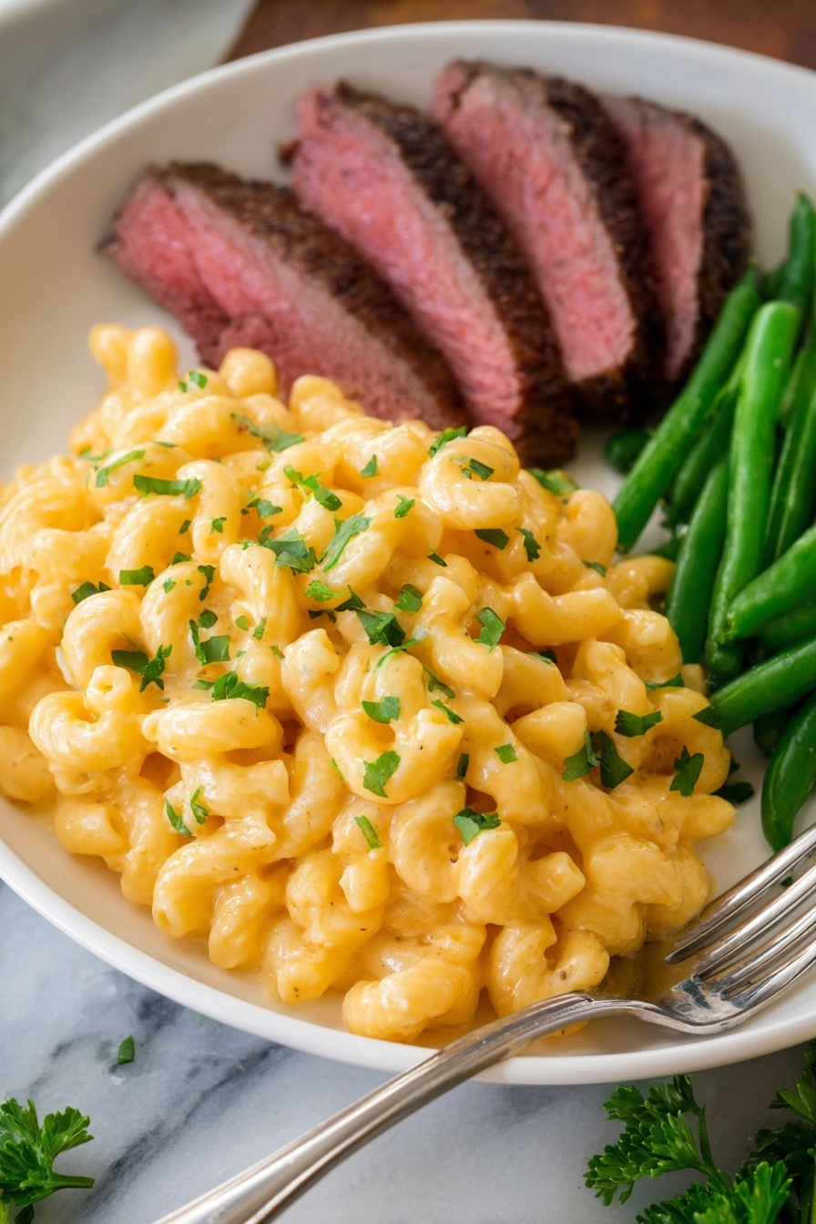 A white plate holds a meal with three main parts: in the front, a large serving of creamy, yellow macaroni and cheese sprinkled with small green herb pieces; behind it, four slices of medium-rare steak showing a pink inside and dark brown edges, arranged in a fan shape; to the right of the macaroni, a small bunch of bright green string beans and a sprig of fresh green parsley. The plate is on a white marbled surface with part of a fork visible near the bottom left corner. photo taken with an iphone --ar 2:3 --v 7