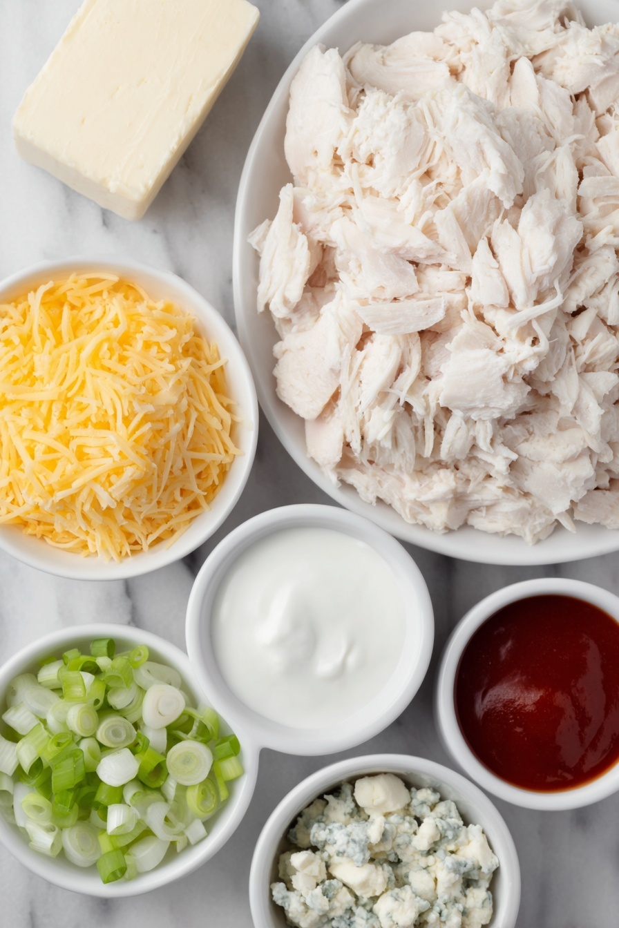 Flat lay of shredded cooked chicken piled naturally, neatly cubed block of cream cheese, a small mound of shredded mozzarella cheese, a small white bowl of plain Greek yogurt, a small white bowl filled with bright red hot sauce, a small white bowl of crumbled blue cheese, a small white bowl with thinly sliced green onions, all arranged symmetrically on a clean white ceramic surface placed on a clean white marble surface, soft natural light, photo taken with an iPhone, professional food photography style, fresh ingredients, white ceramic bowls, no bottles, no duplicates, no utensils, no packaging --ar 2:3 --v 7 --p m7354615311229779997