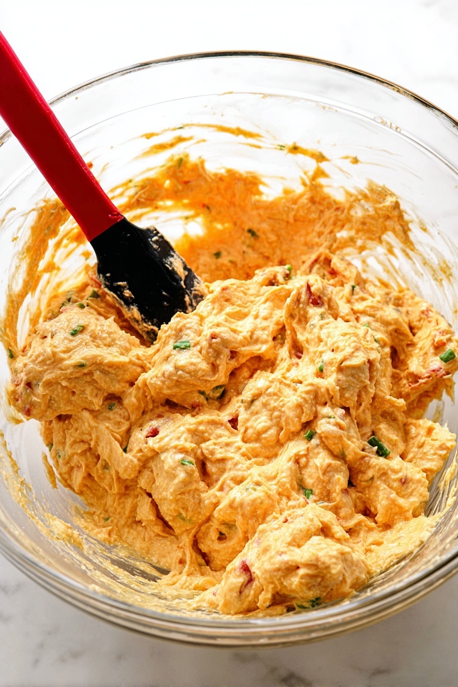 A cracker is held by a woman's hand in the foreground, topped with a creamy spread mixed with small green onion pieces and chunks of white chicken. Bright orange sauce is drizzled over the top, giving a glossy and slightly textured look. In the blurred background, a white casserole dish sits on a white marbled surface, filled with the same creamy, orange-sauced mixture with visible green and white bits. The overall colors are warm with a focus on the rich orange sauce and creamy textures photo taken with an iphone --ar 2:3 --v 7