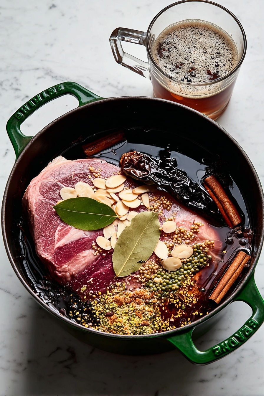 A large green and black pot filled with two raw pink meat slabs covered in a dark brown sauce with visible seeds and spices floating on top. On the left meat slab, there are light cream-colored almond slices and two green bay leaves. On the right side, a wrinkled dark brown dried chili pepper lies next to two cinnamon sticks. The pot sits on a white marbled surface, and a glass cup with dark brown liquid with bubbles is pouring into the pot from the bottom left corner. Photo taken with an iphone --ar 2:3 --v 7