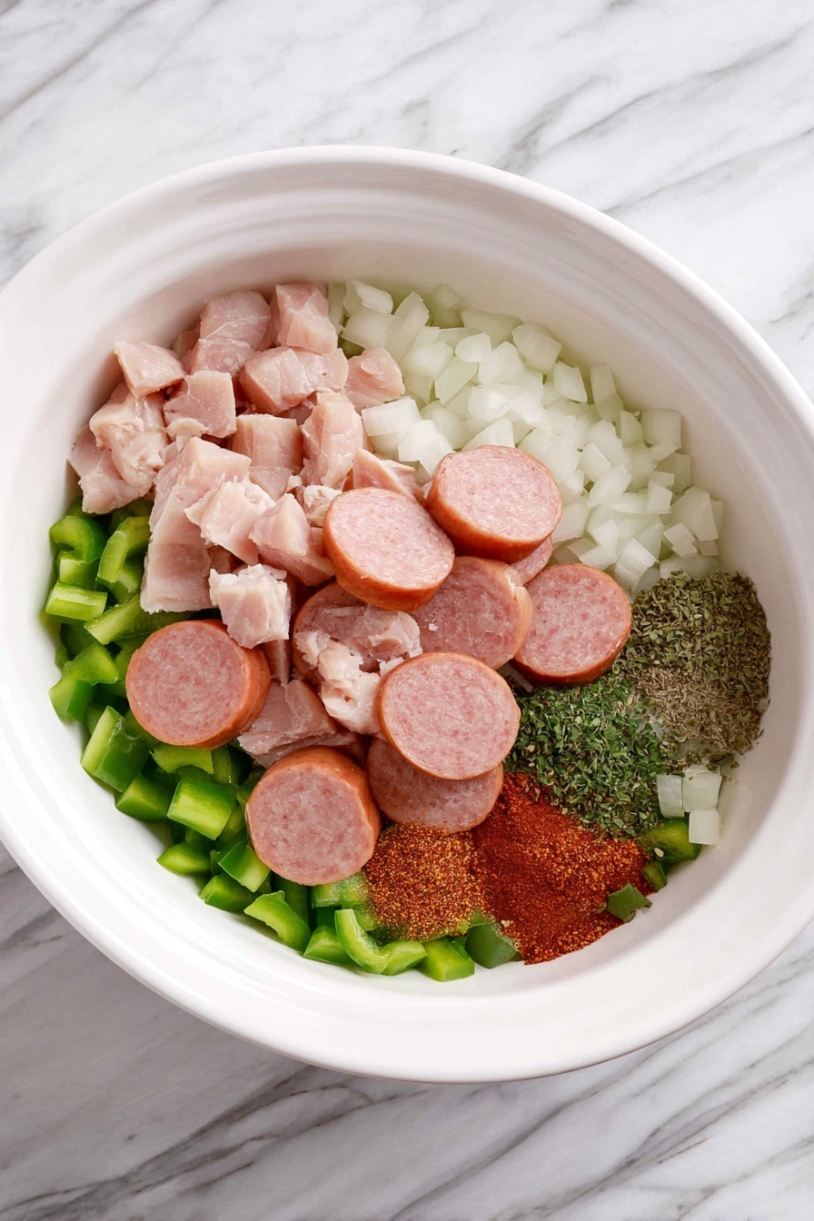 Inside a white oval bowl, there are five visible layers: at the bottom, diced green bell peppers spread around the bowl's base; above them, finely chopped white onions placed in two clusters on the left and right sides; a pile of small chunks of raw pink chicken sits slightly to the left; on top, sliced sausage rounds with a light pink center and brown outer skin cover the middle; to the right, various spices including red, brown, and green herbs are sprinkled in small piles. The bowl is placed on a white marbled surface. Photo taken with an iphone --ar 2:3 --v 7