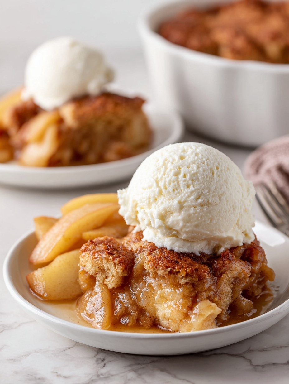 A white round plate on a white marbled surface holds two pieces of golden brown fried chicken with a crispy texture. One piece is topped with a round scoop of white creamy mashed potatoes. Next to the chicken, there is a serving of cooked apples with a soft, shiny, light brown look. In the background, another white plate with fried chicken and some slices of jalapeño peppers is slightly out of focus. photo taken with an iphone --ar 2:3 --v 7