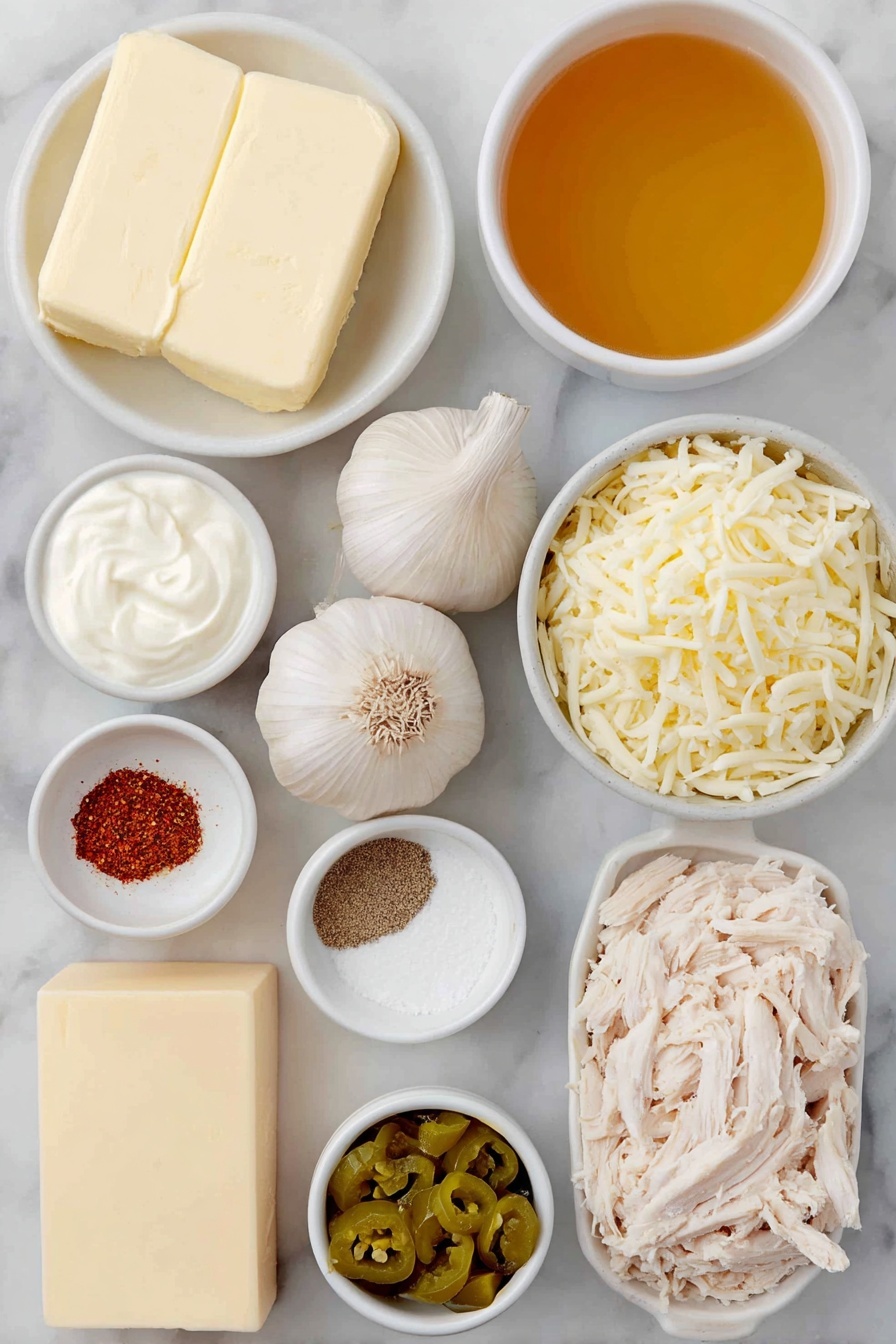 Flat lay of a small white ceramic bowl of golden butter cubes, a small white ceramic bowl of pale beige all-purpose flour, two whole garlic cloves with smooth white skins, a small white ceramic bowl of clear golden chicken broth, a small white ceramic bowl of creamy white sour cream, a small white ceramic bowl of bright green chopped pickled jalapenos, a small white ceramic bowl of light amber pickled jalapeno juice, a small white ceramic bowl of warm brown ground cumin, a small white ceramic bowl of coarse white kosher salt, a small white ceramic bowl of freshly ground black pepper, a pile of shredded white and light brown cooked chicken, a neat stack of twelve soft 6-inch flour tortillas, a pile of shredded pale yellow Monterey Jack cheese, and a pile of shredded rich orange Cheddar cheese—placed on a clean white marble surface, soft natural light, photo taken with an iPhone, professional food photography style, fresh ingredients, white ceramic bowls, no bottles, no duplicates, no utensils, no packaging --ar 2:3 --v 7 --p m7354615311229779997