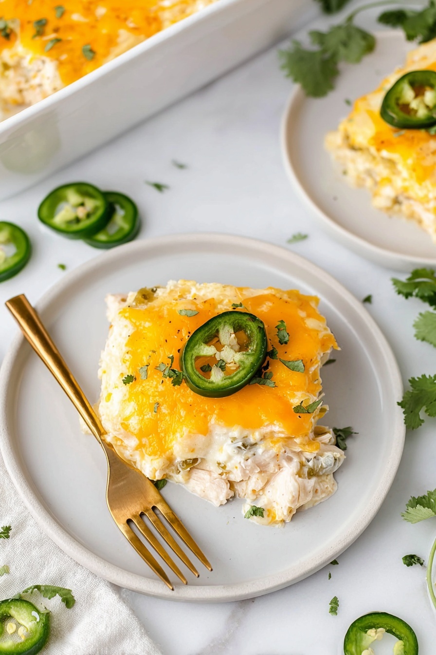 A square piece of layered casserole is placed on a simple white round plate, topped with a melted bright orange cheese layer that looks smooth and bubbly. Underneath, there is a creamy white sauce mixed with chunks of tender white meat and slight green bits, possibly jalapeños, showing throughout the layers. Two slices of green jalapeño rest on top, with some tiny green herb pieces sprinkled for color. A gold fork lies diagonally across the plate touching the casserole. The background is a clean white marbled surface, with some cilantro sprigs and jalapeño slices scattered around, and a white casserole dish filled with more cheesy casserole is partly visible. Photo taken with an iphone --ar 2:3 --v 7