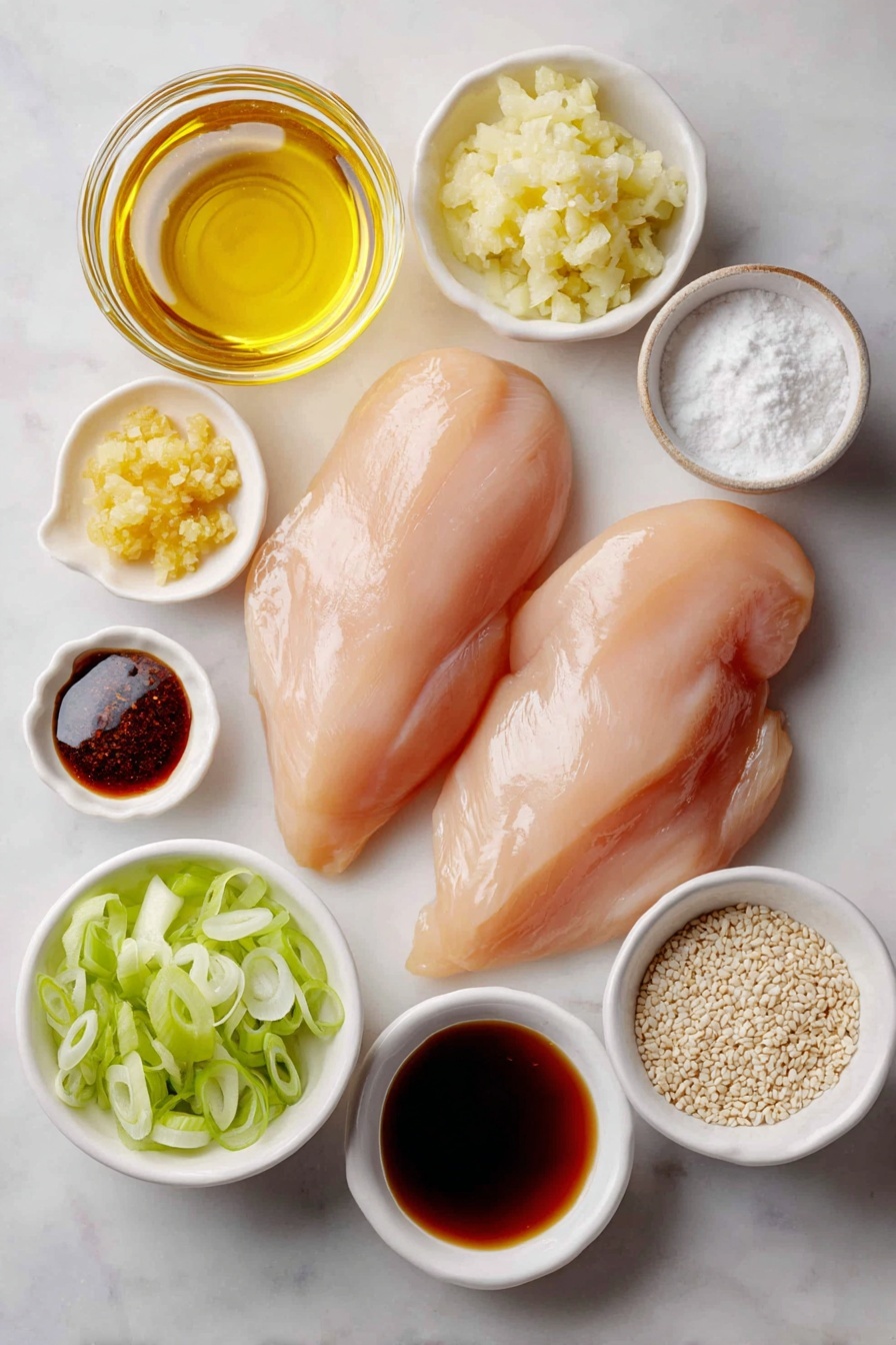 Flat lay of boneless skinless chicken breasts, a small pile of minced garlic, a small pile of minced fresh ginger, a small white bowl of golden honey, a small white bowl of dark brown sugar, a small white bowl of deep brown low sodium soy sauce, a small white bowl of amber toasted sesame oil, a small white bowl of clear rice vinegar, a small white bowl of clear cold water, a small white bowl of white cornstarch powder, a small pile of white and black sesame seeds, and a small bunch of sliced bright green onions, all arranged in perfect symmetry on a clean white marble surface, soft natural light, photo taken with an iPhone, professional food photography style, fresh ingredients, white ceramic bowls, no bottles, no duplicates, no utensils, no packaging --ar 2:3 --v 7 --p m7354615311229779997