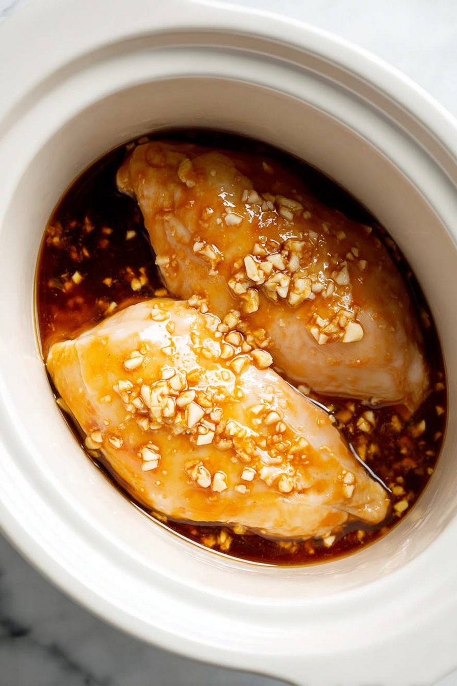 The image shows two pieces of raw chicken placed inside a white ceramic slow cooker, covered with a shiny light brown sauce mixed with small bits of garlic spread evenly on top and around the chicken. The sauce has a glossy texture with a few darker spots where the soy-like liquid pools. The chicken looks smooth, moist, and tender as it soaks up the marinade. The slow cooker and chicken are set on a white marbled surface, giving the scene a clean and fresh look. photo taken with an iphone --ar 2:3 --v 7
