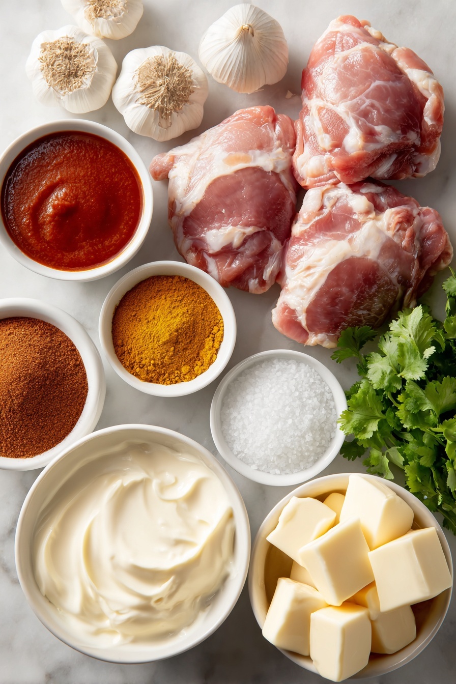 Flat lay of peeled garlic cloves arranged neatly, fresh ginger root with a section grated, a simple white ceramic bowl filled with smooth bright red tomato sauce, a small white bowl holding warm-toned ground cumin powder, another white bowl with fragrant garam masala powder, a white bowl containing smoked paprika in deep red color, a white bowl with bright yellow ground turmeric, a tiny white bowl of fiery red chili powder, a white bowl with coarse salt crystals, a small white bowl with fine granulated sugar, plump raw chicken thighs with the skin on, several small cubes of pale yellow unsalted butter scattered artfully, a white bowl filled with thick creamy heavy whipping cream, and a small bunch of fresh green cilantro leaves arranged delicately, all placed on a clean white marble surface, soft natural light, photo taken with an iPhone, professional food photography style, fresh ingredients, white ceramic bowls, no bottles, no duplicates, no utensils, no packaging --ar 2:3 --v 7 --p m7354615311229779997