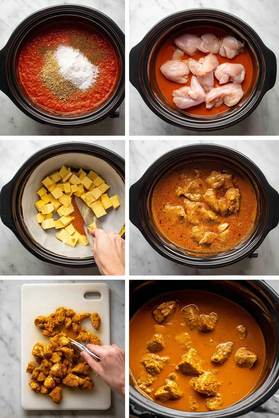 The first image shows a black slow cooker with a bright red sauce at the bottom, topped with white salt, light brown spices, and small pieces of minced garlic, all mixed on a white marbled surface. The second image reveals raw pale pink chicken pieces placed over the red sauce inside the same black slow cooker. Next, the third image has small yellow cubes of butter spread evenly on top of the sauce and chicken inside the cooker. The fourth image presents the contents simmering with visible bubbling and a mixture of red sauce and melted butter creating an oily layer on the surface. The fifth image shows a woman's hand slicing cooked chicken, now a deep red color from the sauce, on a white cutting board on a white marbled surface. The final image captures the slow cooker filled with a creamy orange sauce coating chunks of chicken, with a black spoon resting inside. photo taken with an iphone --ar 2:3 --v 7
