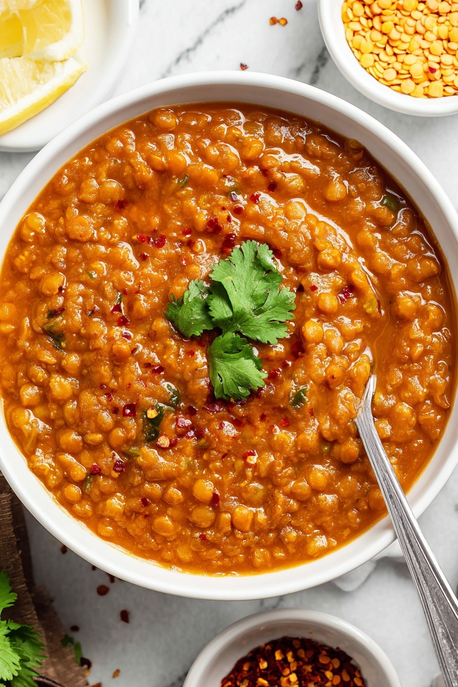 A white bowl filled with thick, orange-brown lentil stew textured with whole cooked lentils and soft, thick sauce. The stew is sprinkled with small red chili flakes and has a fresh green cilantro leaf placed in the center. A silver spoon is partially placed inside the bowl on the right side. The bowl sits on a white marbled surface with small white dishes around it, one containing lemon wedges and another dry yellow lentils. photo taken with an iphone --ar 2:3 --v 7