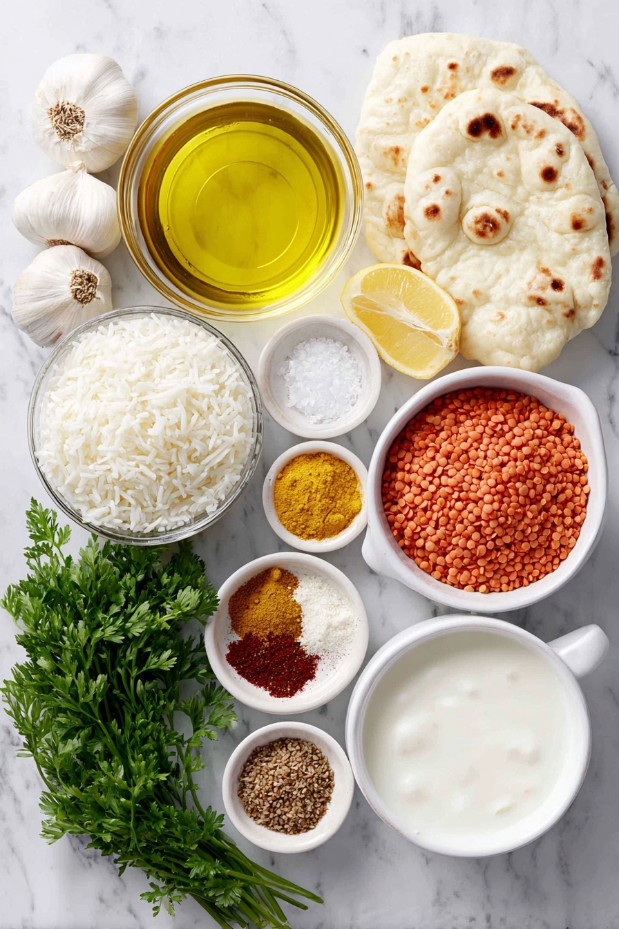 Flat lay of a small white ceramic bowl of golden olive oil, six whole uncracked garlic bulbs, a small white bowl filled with freshly grated ginger, small white bowls containing bright yellow ground turmeric, warm brown ground cumin, earth-toned ground coriander, deep red cayenne pepper, and fine white salt, a small white bowl of clear water, a small heap of dried brown lentils, a white ceramic dish with crushed ripe red tomatoes, a white ceramic bowl with creamy full-fat coconut milk, a small white bowl with fresh lemon juice, a bunch of fresh green cilantro sprigs, a bowl of fluffy cooked basmati rice, and two pieces of vegan naan bread arranged neatly, all placed on a clean white marble surface, soft natural light, photo taken with an iPhone, professional food photography style, fresh ingredients, white ceramic bowls, no bottles, no duplicates, no utensils, no packaging --ar 2:3 --v 7 --p m7354615311229779997