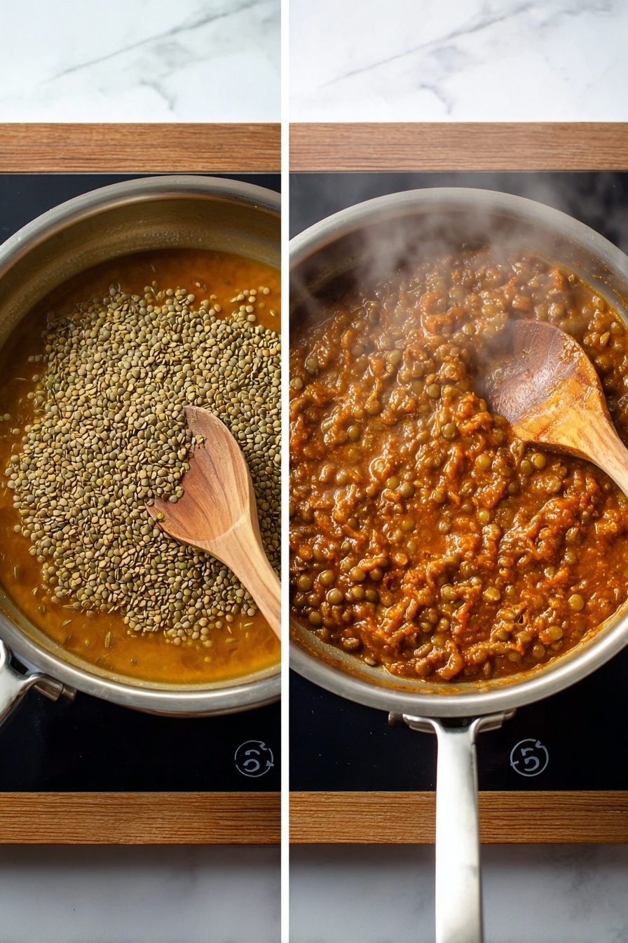 The image shows two side-by-side photos of a silver pan on a black stovetop with a wooden table and white marbled texture background. In the left photo, a wooden spoon rests inside the pan, stirring a light brown liquid with raw lentils piled in the middle, which are light greenish-brown and uneven in shape. In the right photo, the lentils are cooked in a thick, rich reddish-brown sauce with a chunky texture, releasing light steam above the pan. The pan and surrounding area look clean, and the stovetop is turned on. Photo taken with an iphone --ar 2:3 --v 7