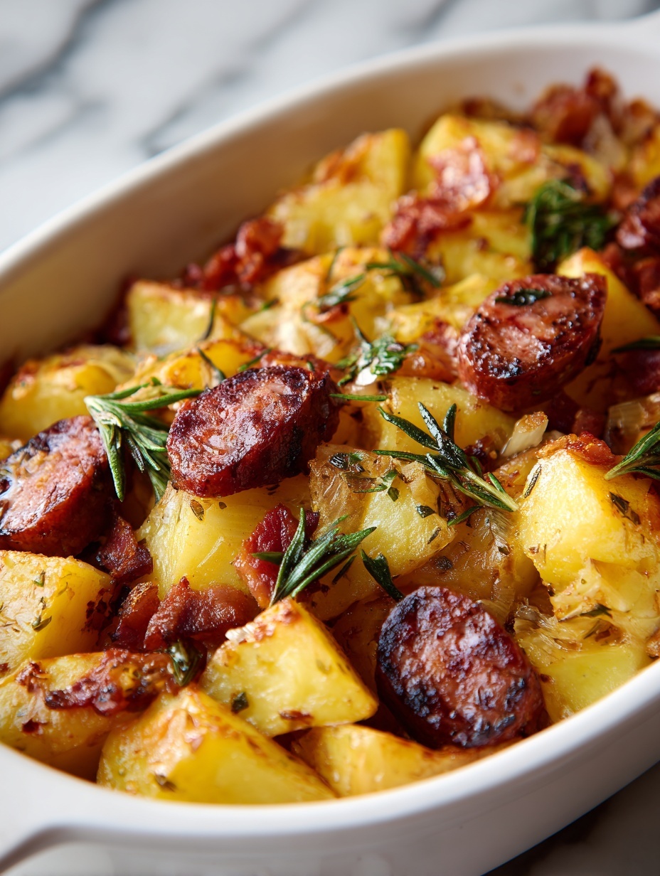 The image shows a close-up of a cooked dish with three main layers: the first layer has chunks of golden-yellow potatoes with a soft texture, seasoned with herbs and scattered green leafy garnish. The second layer includes thick slices of browned sausage with a coarse inside, some darker and some lighter in color, nestled among the potatoes. The third layer consists of small bits of browned onions and bits of bacon mixed throughout, adding a crispy and flavorful texture. The dish has a glossy finish, likely from cooking juices and oil, all resting on a white marbled surface. Photo taken with an iphone --ar 2:3 --v 7