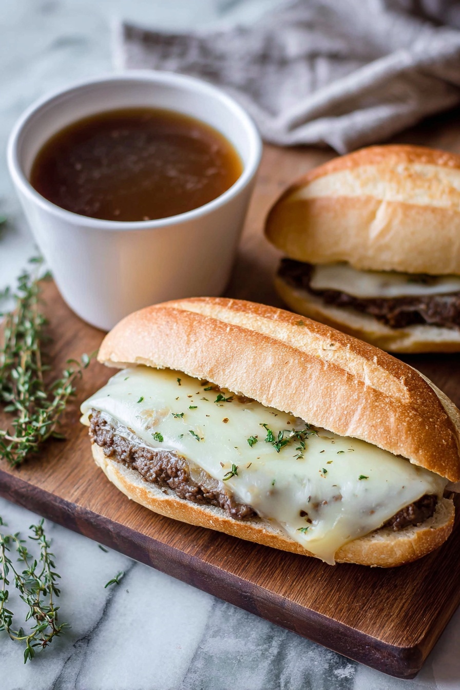 The image shows two sandwiches on a wooden cutting board, each sandwich made of a soft, light brown hoagie roll with a layer of cooked dark brown beef patty inside, topped with a slice of melted white cheese with a smooth texture. Small bits of green herbs are sprinkled on top of the cheese. Behind one sandwich, there is a white bowl filled with a dark brown broth placed on the wooden surface. A few sprigs of green thyme lay scattered on the cutting board near the sandwiches. The background surface is a white marbled texture. photo taken with an iphone --ar 2:3 --v 7