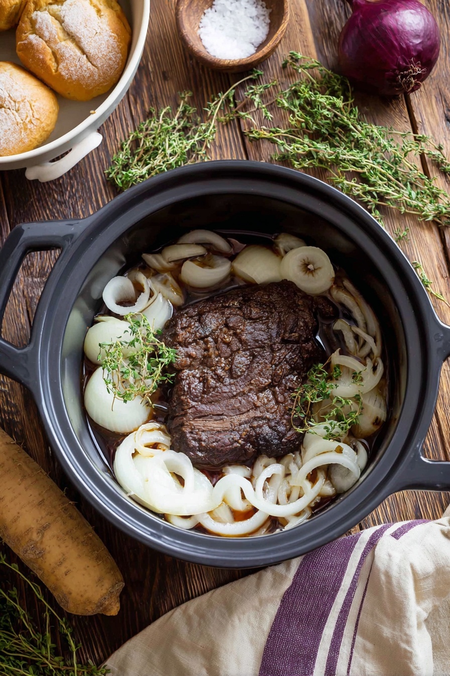 A close-up image shows a sandwich held by a man's hand, with the sandwich about to be dipped into a white bowl filled with brown broth. The sandwich is made of a light brown bun with a filling that includes slices of cooked meat and melted white cheese visible inside. The background has a wooden surface with several more sandwiches in soft focus, each similar in appearance with the same bun, meat, and cheese layers. The overall setting suggests a warm, comforting meal. Photo taken with an iphone --ar 2:3 --v 7