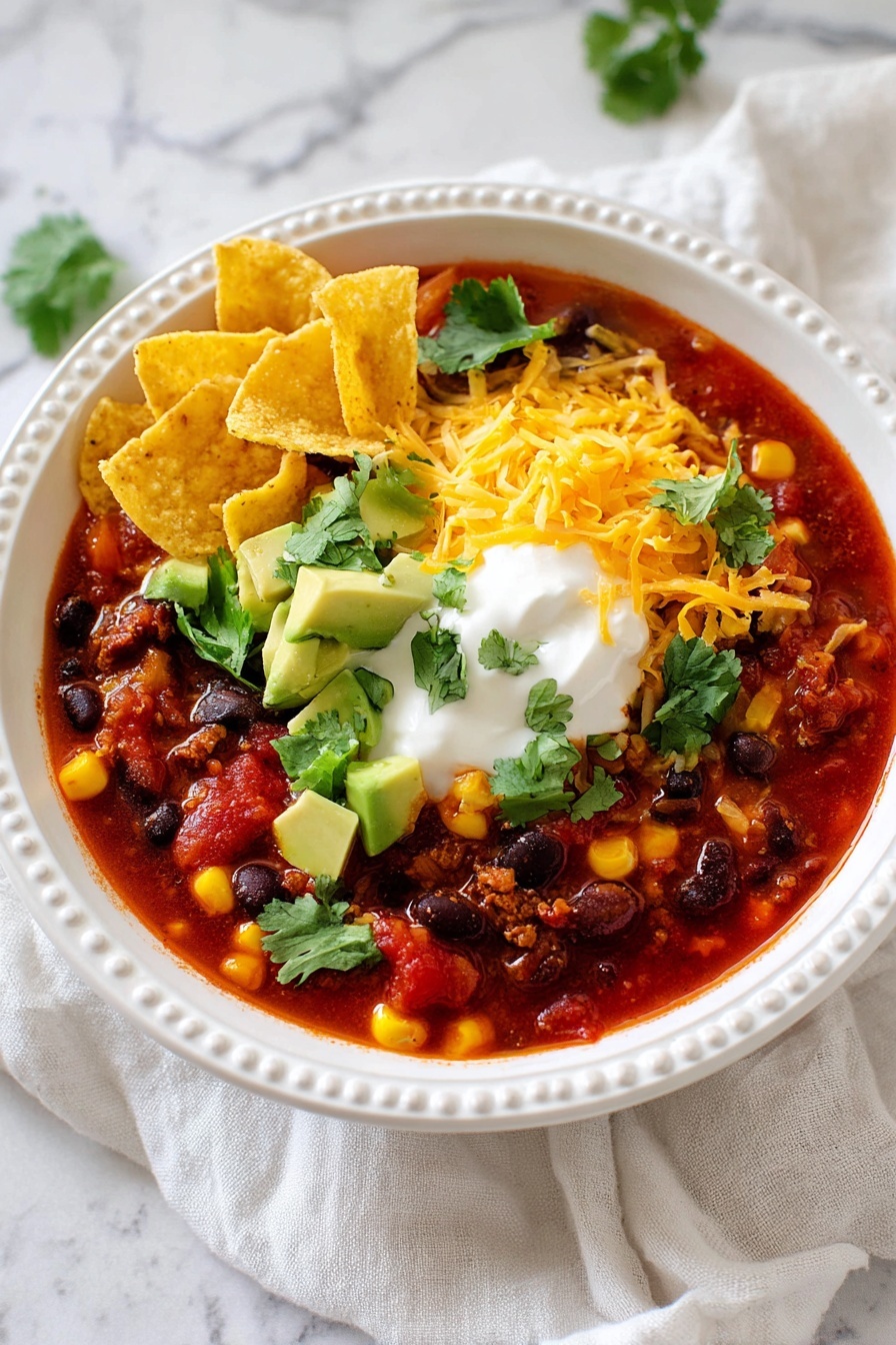 A bowl of thick, red chili soup filled with visible layers of diced tomatoes, black beans, corn, and ground meat, topped with bright yellow shredded cheddar cheese, creamy white sour cream, green avocado chunks, golden crisp corn chips, and fresh green cilantro leaves scattered on top. The dish sits in a white bowl with a beaded edge, placed on a soft white cloth with a white marbled background, capturing a cozy and colorful meal. photo taken with an iphone --ar 2:3 --v 7