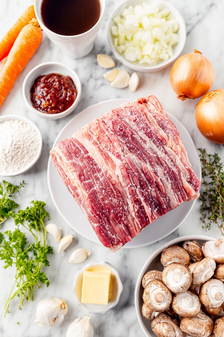 Flat lay of a pile of roughly chopped uncooked bacon, large chunks of trimmed beef brisket, a large sliced carrot, a large diced white onion, six peeled whole garlic cloves, a small mound of coarse salt, a small mound of ground black pepper, a small bowl of flour, a cluster of raw pearl onions, a small white bowl filled with deep red wine, a small white bowl with rich brown beef stock, a small dollop of bright red tomato paste, one crushed beef bouillon cube, a few sprigs of fresh thyme, a small bunch of fresh parsley, two fresh green bay leaves, a cluster of quartered white and brown mushrooms, and a small square of yellow butter, all arranged with perfect symmetry in simple white ceramic bowls and plates, placed on a clean white marble surface, soft natural light, photo taken with an iPhone, professional food photography style, fresh ingredients, white ceramic bowls, no bottles, no duplicates, no utensils, no packaging --ar 2:3 --v 7 --p m7354615311229779997