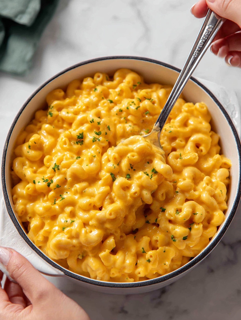 A close-up view of a white bowl filled with creamy macaroni and cheese. The macaroni is short and twisted, coated in a smooth, bright orange cheese sauce. Small green herb pieces are scattered evenly on top, adding contrast. A silver spoon is scooping up some of the macaroni, held by a woman's hand that is partly visible on the right. The bowl sits on a white marbled surface, with a blurred green background hinting at some fresh herbs. photo taken with an iphone --ar 2:3 --v 7