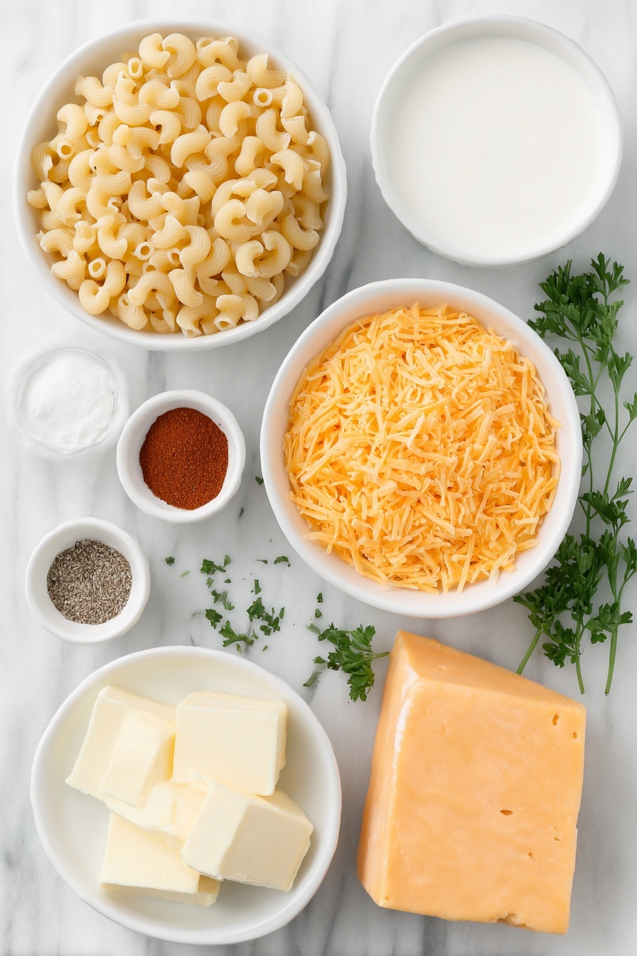 Flat lay of fresh cavatappi pasta spirals, small cubes of bright yellow butter on a simple white ceramic plate, a small white bowl filled with creamy evaporated milk, another small white bowl holding smooth half and half, a neat pile of shredded vibrant orange cheddar cheese on a white ceramic dish, a half block of firm orange American cheese cut into cubes on a white plate, a small white bowl containing fine white salt, another small white bowl with coarse black pepper, a tiny white bowl with pale off-white onion powder, a small white bowl with deep red paprika powder, and a few fresh green parsley sprigs arranged artfully on a white ceramic dish, all placed on a clean white marble surface, soft natural light, photo taken with an iPhone, professional food photography style, fresh ingredients, white ceramic bowls, no bottles, no duplicates, no utensils, no packaging --ar 2:3 --v 7 --p m7354615311229779997