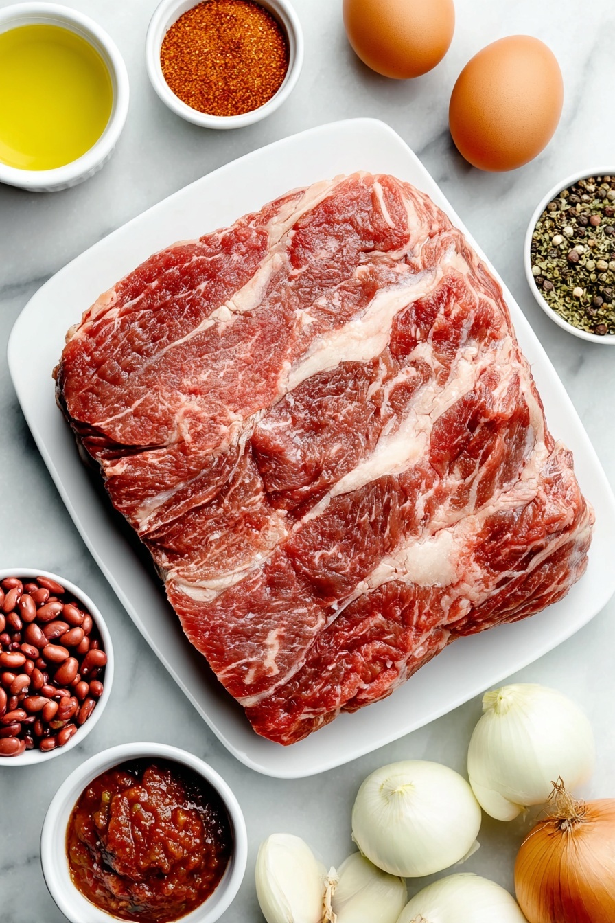 Flat lay of a large raw beef chuck roast with rich red marbling, a small white bowl of golden olive oil, two whole uncracked brown eggs, four whole garlic cloves with papery skins, three whole onions of different colors—one brown, one yellow, one white—one large red bell pepper with glossy skin, a small white bowl filled with deep red crushed tomatoes, a small white bowl containing thick dark red tomato paste, a small white bowl of clear beef broth, and a small white bowl of shiny red kidney beans, scattered dried spices—cumin seeds, whole black peppercorns, dried oregano leaves, small piles of smoked paprika and cayenne powder—arranged neatly on a simple white ceramic plate and bowls, all ingredients fresh and natural, perfectly balanced and symmetrical, placed on a clean white marble surface, soft natural light, photo taken with an iPhone, professional food photography style, fresh ingredients, white ceramic bowls, no bottles, no duplicates, no utensils, no packaging --ar 2:3 --v 7 --p m7354615311229779997