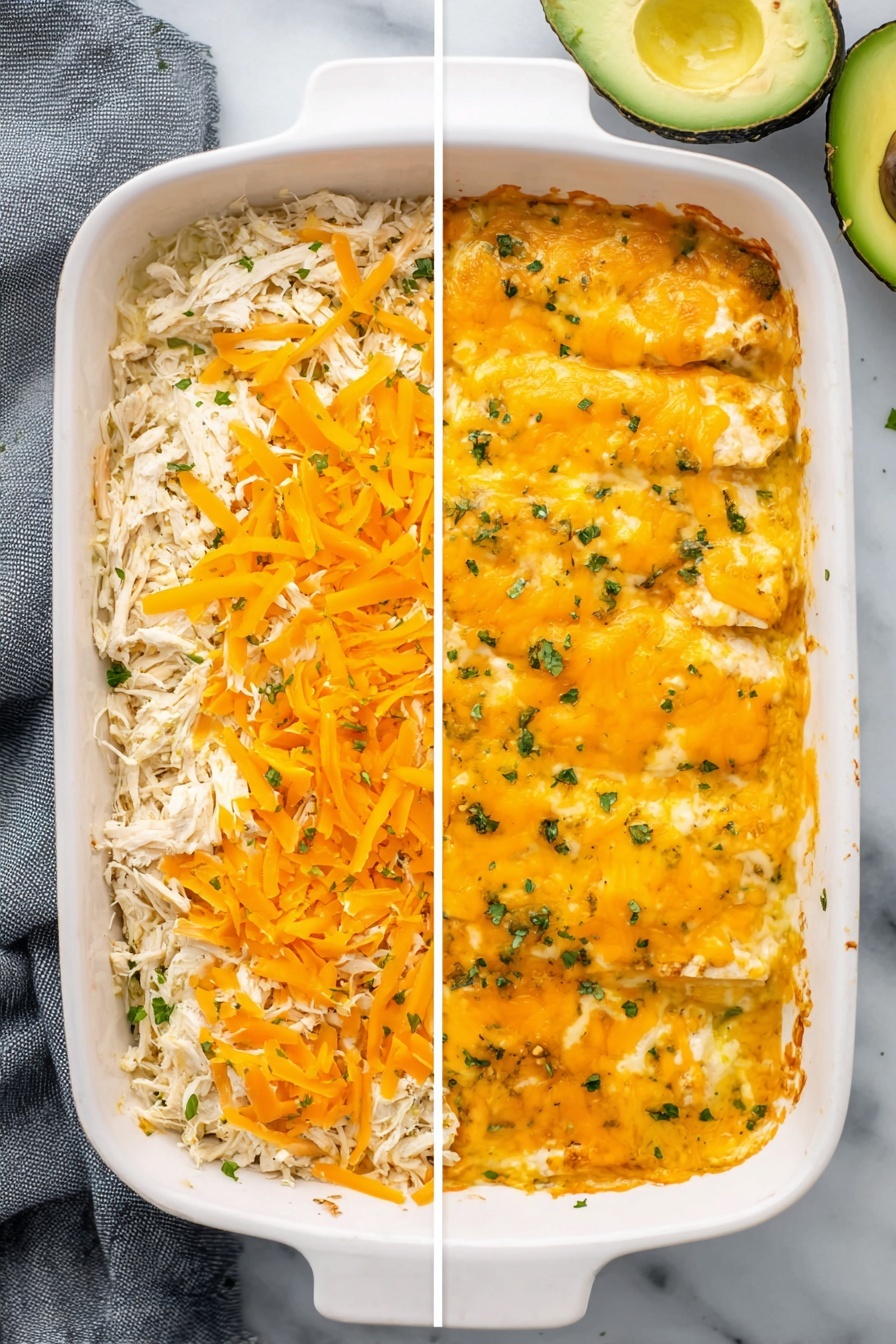 The image shows a white baking dish split into two halves. The left half has a layer of shredded white chicken at the bottom, covered with a generous layer of shredded bright orange and white cheese. The right half shows the finished dish after baking, with the top layer melted into a smooth, golden-orange cheese blanket that covers the chicken underneath, sprinkled with small green herb pieces. The dish rests on a white marbled surface, and there is a sliced avocado and part of a grey cloth towel nearby. photo taken with an iphone --ar 2:3 --v 7