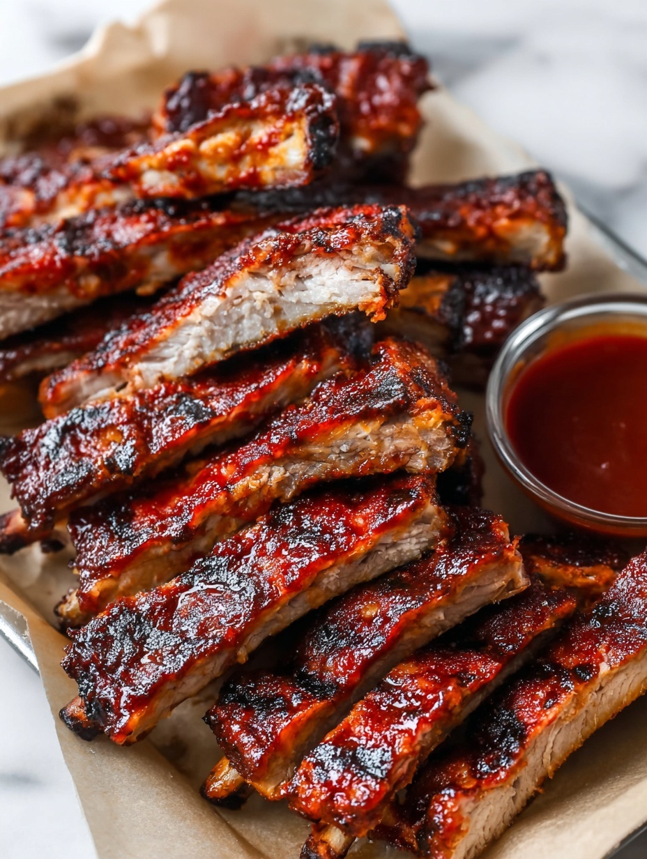 This image shows a tray lined with light parchment paper filled with many pieces of grilled ribs. The ribs are thick and have a shiny, dark reddish-brown sauce that looks sticky and caramelized, with some charred black grill marks. The ribs are stacked in a layered way, with some pieces standing upright and others lying flat, showing the juicy white inside meat. On the right side of the tray, there is a small clear glass container full of a smooth, deep red barbecue sauce. The background surface is white marble. photo taken with an iphone --ar 2:3 --v 7