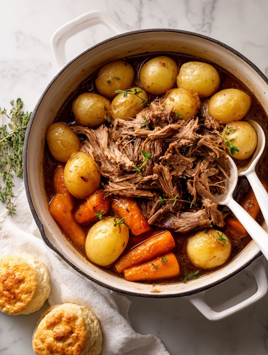 A large white pot filled with a cooked dish showing three layers: the bottom layer is a dark brown broth, the middle layer has whole small golden potatoes and large chunks of roasted bright orange carrots arranged evenly around the edges, and the top layer features shredded tender brown meat piled at the center. Two white spoons rest inside the pot with their handles sticking out. The pot sits on a white marbled surface with a white cloth napkin partially under it, and a few round biscuits and sprigs of green herbs are nearby. Photo taken with an iphone --ar 2:3 --v 7