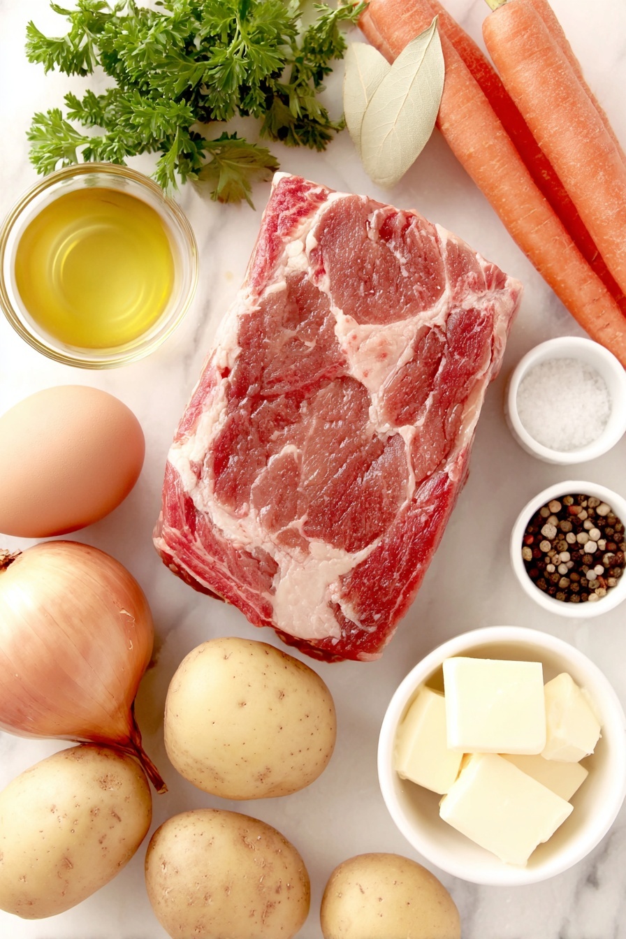 Flat lay of a large raw chuck roast with a rich reddish-brown color, a cluster of whole baby potatoes cut in halves showing creamy white interiors, several fresh whole carrots with bright orange skin, a large yellow onion cut into thick wedges revealing its pale layers, a few sprigs of fresh parsley with vibrant green leaves, a small whole bulb of garlic unpeeled, a few dried bay leaves with their muted olive tones, two whole uncracked brown eggs with smooth shells, a small white ceramic bowl filled with golden avocado oil, another small white bowl holding three pats of creamy yellow butter, a third small white bowl with deep red wine vinegar, a fourth small white bowl containing dark rich beef broth, and a fifth small white bowl with a mix of coarse kosher salt and whole black peppercorns placed symmetrically on a simple white ceramic plate, all arranged with perfect symmetry and realistic proportions, placed on a clean white marble surface, soft natural light, photo taken with an iPhone, professional food photography style, fresh ingredients, white ceramic bowls, no bottles, no duplicates, no utensils, no packaging --ar 2:3 --v 7 --p m7354615311229779997