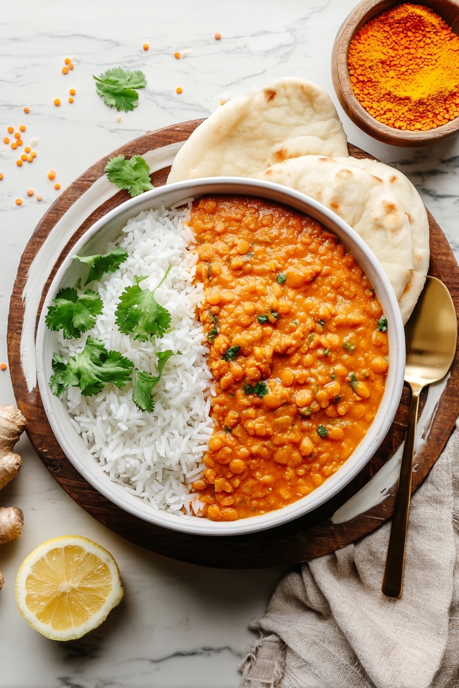 A white bowl filled half with fluffy white rice topped with fresh green cilantro leaves on the left side, and the other half with a thick, bright orange lentil curry with visible lentils and small green herb pieces mixed in. The bowl sits on a white plate partly covered by two soft, white pita bread pieces on the right. Around the plate, a white marbled textured surface shows fresh garlic, ginger, a small lemon, a bowl of orange turmeric powder, and a woman's hand holding a golden spoon on the right side. Photo taken with an iphone --ar 2:3 --v 7