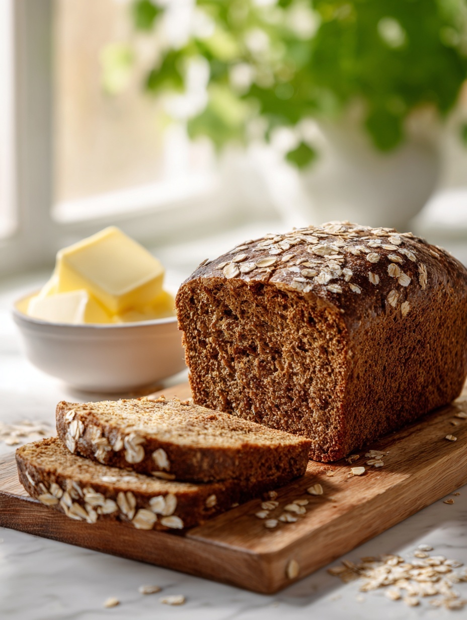 A loaf of dark brown bread with a rough, dense texture stands upright on a wooden cutting board, topped with scattered oat flakes that add a light beige layer of texture. Two slices of the same bread lie flat in front of the loaf, showing the soft yet firm inside with bits of oats embedded. Behind the bread, a white bowl contains pale yellow butter, partially blurred, with green foliage softly out of focus further in the background. The scene is set on a white marbled surface with bright, natural window light illuminating the setup from behind, softening the shadows. photo taken with an iphone --ar 2:3 --v 7