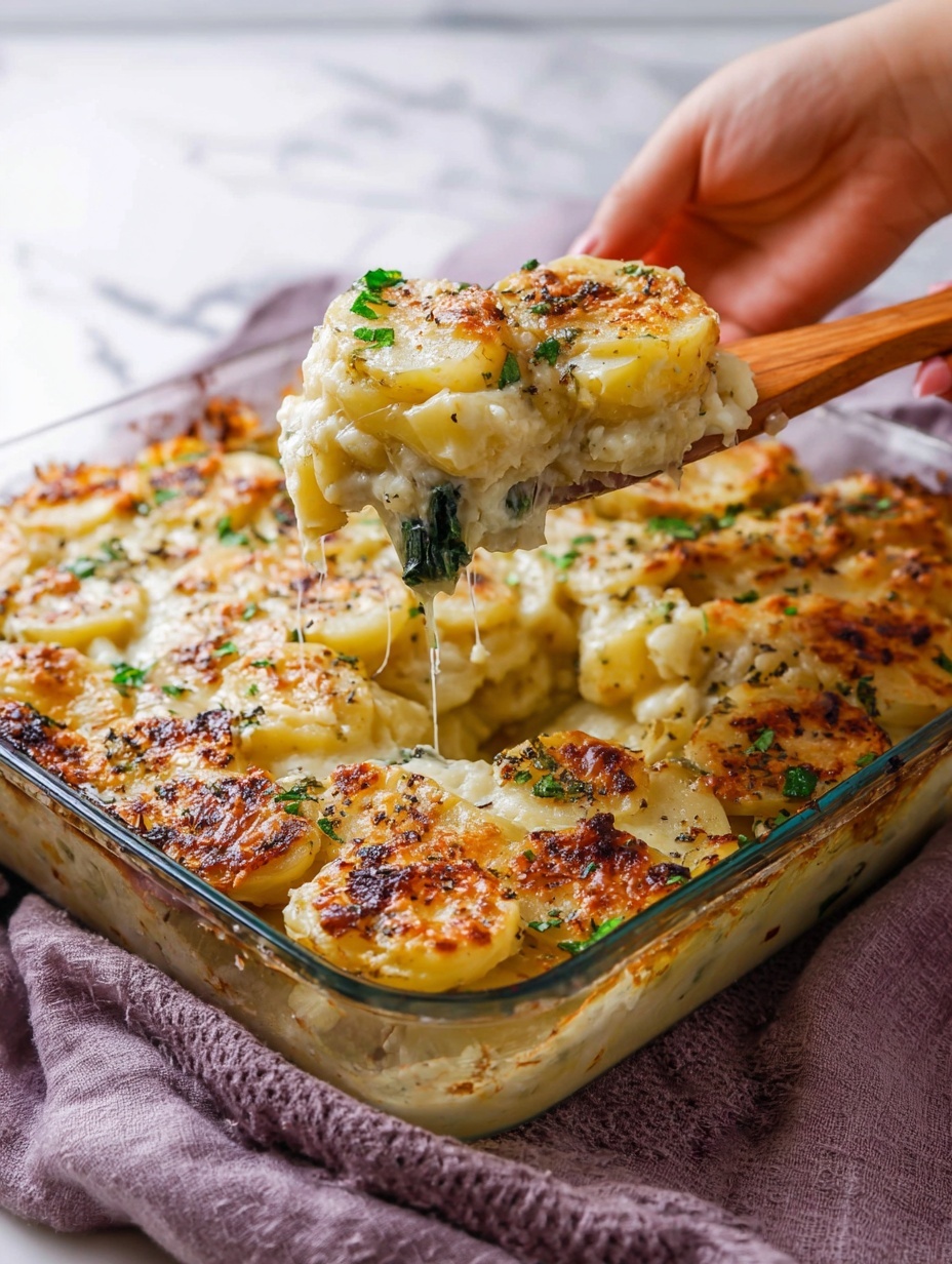 A glass square dish filled with layers of creamy, golden brown baked potatoes topped with melted cheese that has a slightly crispy, browned texture; the potato pieces underneath are pale yellow with hints of seasoning, and there are bright green spinach leaves scattered on top and mixed inside; small pieces of chopped green herbs sprinkle over the cheese layer, adding freshness; a woman's hand holds the dish while another woman's hand uses a wooden spatula to scoop the cheesy potatoes, all set on a white marbled surface with a soft purple cloth underneath the dish photo taken with an iphone --ar 2:3 --v 7