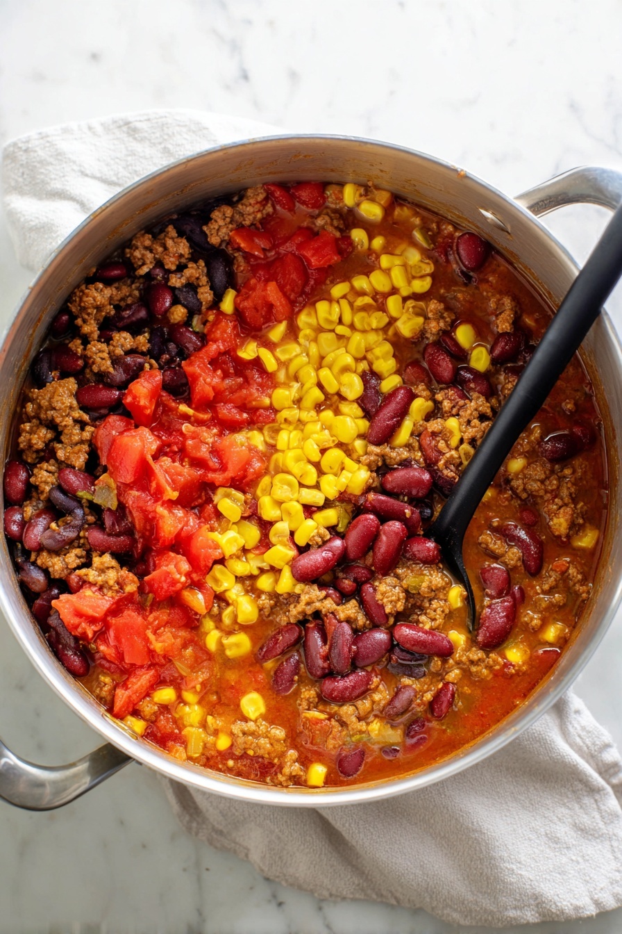 A close-up view of a creamy soup in a black pot, filled with colorful ingredients including yellow corn kernels, black beans, red diced tomatoes, green cilantro leaves, and small chunks of beige meat, all mixed in a light orange creamy broth. A metal ladle is scooping up the soup, showing a thick mixture with visible layers of each ingredient, the corn and beans sitting prominently on top, with cilantro scattered throughout. The pot sits on a white marbled surface. Photo taken with an iphone --ar 2:3 --v 7