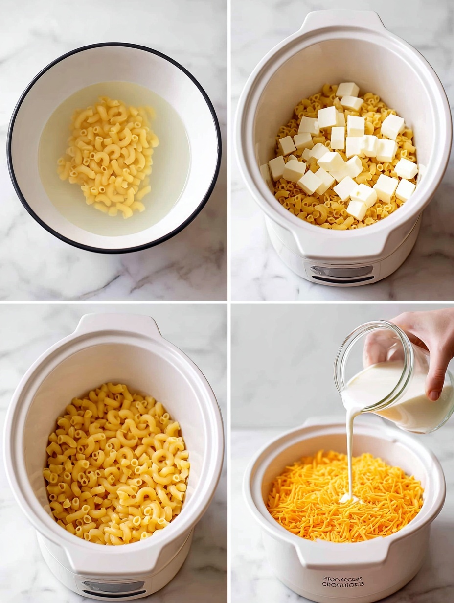 The image shows four steps of making a macaroni and cheese dish, all in a white slow cooker sitting on a white marbled surface. In the first step, yellow macaroni pasta is in a blue bowl filled with water. The second step shows the cooked macaroni in the slow cooker with small white cubes of cheese scattered on top. The third step captures a woman's hand pouring milk from a clear glass bottle over the macaroni in the slow cooker. The fourth step has the macaroni topped with two types of cheese: orange cubes of cheddar and a pile of grated orange cheese next to them. Photo taken with an iphone --ar 2:3 --v 7