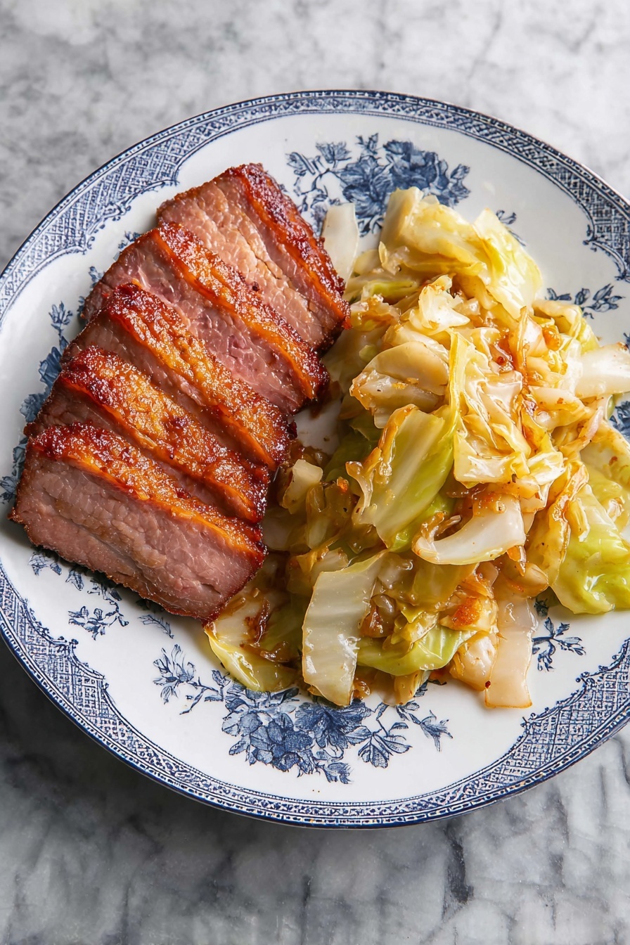 The dish shows three thick slices of meat with a browned outer layer and a pink inside, laid on the left side of a white plate with blue floral patterns. To the right, there is a pile of cooked cabbage pieces that are light yellow with some brown edges and small diced bits mixed in, showing a soft texture. The plate sits on a white marbled surface. photo taken with an iphone --ar 2:3 --v 7