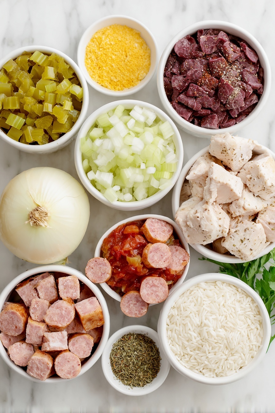 Flat lay of finely diced ribs of celery, a whole yellow onion, a whole green bell pepper, two cloves of garlic, sliced smoked sausage in half moons, two boneless skinless chicken thighs cubed, small white ceramic bowls with dried oregano, dried thyme, smoked paprika, cayenne pepper, freshly cracked black pepper, diced fresh tomatoes in a small white ceramic bowl, chicken broth in a small white ceramic bowl, a small bunch of fresh parsley, uncooked long grain white rice in a small white ceramic bowl, and three sliced green onions, all arranged with perfect symmetry on a clean white marble surface, soft natural light, photo taken with an iPhone, professional food photography style, fresh ingredients, white ceramic bowls, no bottles, no duplicates, no utensils, no packaging --ar 2:3 --v 7 --p m7354615311229779997