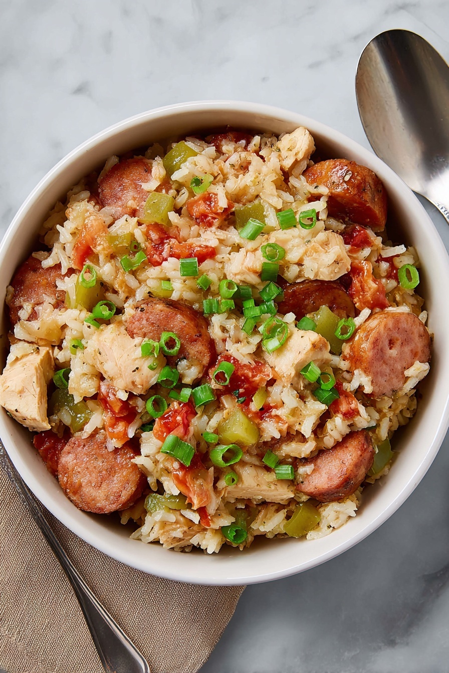 A white bowl filled with a layered dish showing cooked white rice mixed with red tomato pieces and green chopped vegetables. Scattered throughout are round slices of browned sausage and chunks of lightly grilled chicken. The rice mixture has a moist texture with some glossy spots from the sauce. Small sliced green onions are sprinkled on top, adding fresh green color. The bowl is set on a white marbled surface next to a silver spoon, with a brown cloth napkin nearby. Photo taken with an iphone --ar 2:3 --v 7