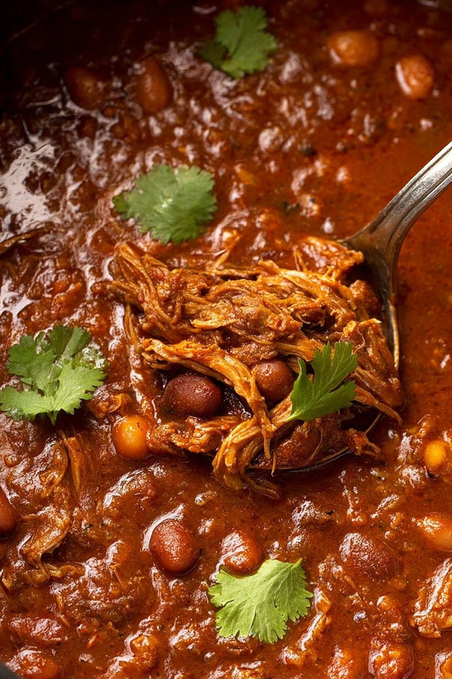 A close-up view of a thick stew with shredded meat and small round beans, all covered in a rich reddish-brown sauce. The stew has a chunky texture with visible pieces of meat and beans scattered throughout. Three green leaves of fresh cilantro sit on top, adding a touch of color. A silver ladle is dipped into the stew, holding a scoop of the mixture with a few cilantro leaves on it. The background shows the stew filling a pot with a shiny surface. Photo taken with an iphone --ar 2:3 --v 7