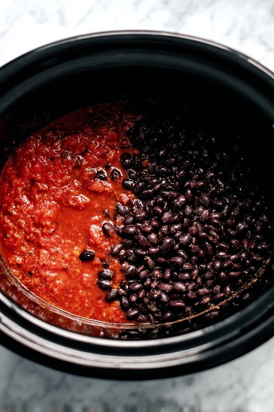 A close-up of a black slow cooker filled with two layers of food, placed on a white marbled surface. The bottom layer is bright red with a thick texture, chunky and sauce-like, covering the lower half of the cooker. The top layer is dark black beans with a smooth, shiny surface, covering the upper half and contrasting sharply with the red layer beneath it. The edge of the slow cooker has a black rim that frames the layers inside. photo taken with an iphone --ar 2:3 --v 7