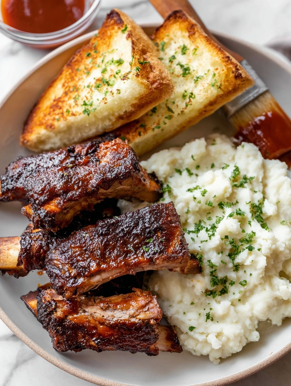 The image shows a close-up of a white round plate with five pieces of grilled ribs stacked on the left side, each with a dark brown charred crust and slightly shiny texture. On the right side of the plate, there is a serving of white mashed potatoes with small green herb sprinkles on top, creating a soft and creamy texture. Next to the mashed potatoes, there is a piece of toasted white garlic bread with a slight golden top and green herbs sprinkled on it. The plate is on a white marbled surface with a small glass bowl of reddish-brown barbecue sauce to the side and a brush with sauce on its bristles nearby. Photo taken with an iphone --ar 2:3 --v 7