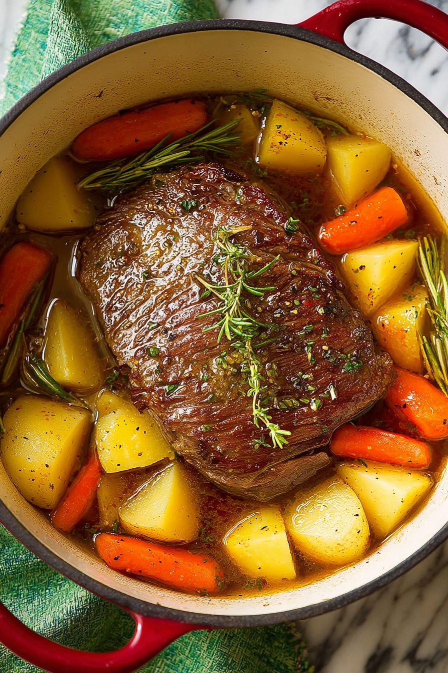 The image shows a large, brown cooked roast in the center of a white pot. Surrounding the roast are chunky pieces of yellow potatoes and bright orange carrot segments. The roast is shiny and moist, topped with a small green twig of thyme, while sprigs of fresh rosemary rest among the vegetables. The broth around the ingredients is clear with some black pepper specks. The pot has red handles and is placed on a white marbled surface with a green cloth visible in the corner. photo taken with an iphone --ar 2:3 --v 7