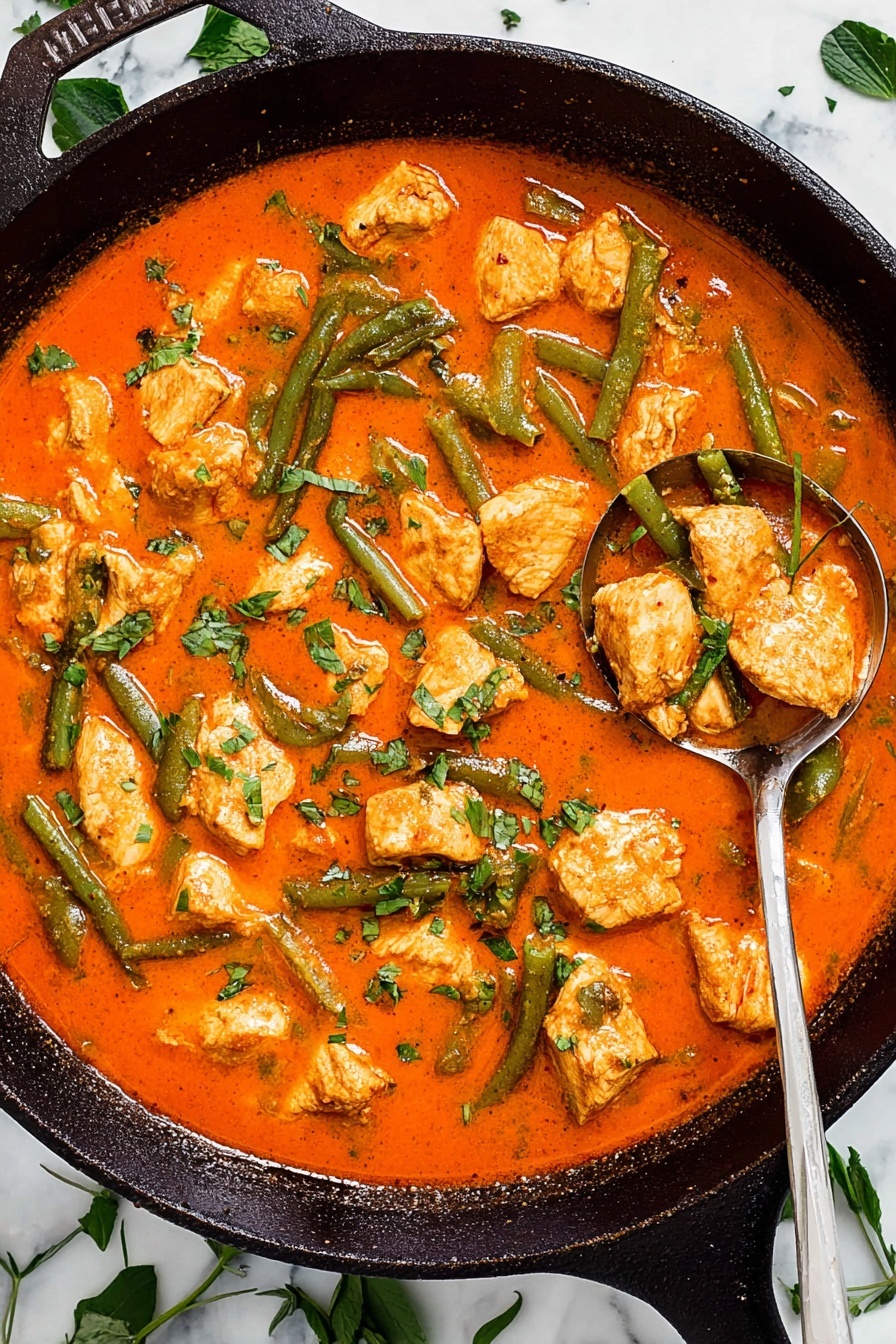 The image shows a black cast iron pan filled with a bright orange-red sauce with a smooth texture, containing medium-sized chunks of light golden chicken evenly spread throughout. There are green vegetable pieces, including snap peas and green beans, scattered among the chicken, adding contrast. A silver spoon is partially submerged in the sauce on the right side of the pan, lifting some chicken pieces and vegetables. Fresh green herb bits are sprinkled lightly on top, giving a fresh look. The pan rests on a white marbled surface with small green herb leaves around. photo taken with an iphone --ar 2:3 --v 7