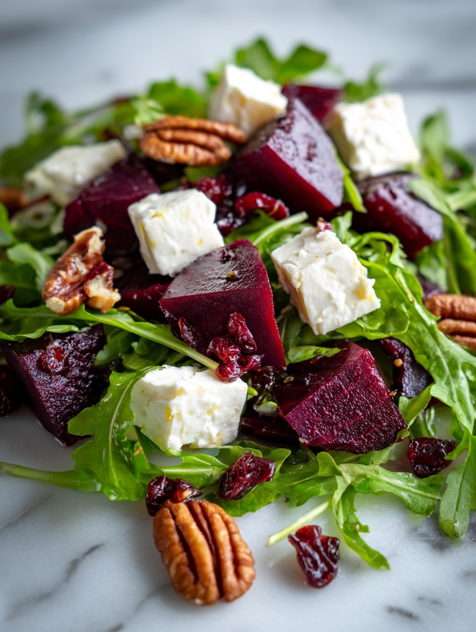 A fresh salad is shown with a base layer of bright green arugula leaves spread across a white plate on a white marbled surface. On top, deep purple slices of beet are scattered evenly, adding a rich color contrast. Small white cubes of soft cheese are spread throughout the salad, along with whole brown pecan nuts that add texture. Dark red dried cranberries are mixed in among the layers, giving pops of color and variety. The image is a close-up, showing the different textures clearly. photo taken with an iphone --ar 2:3 --v 7